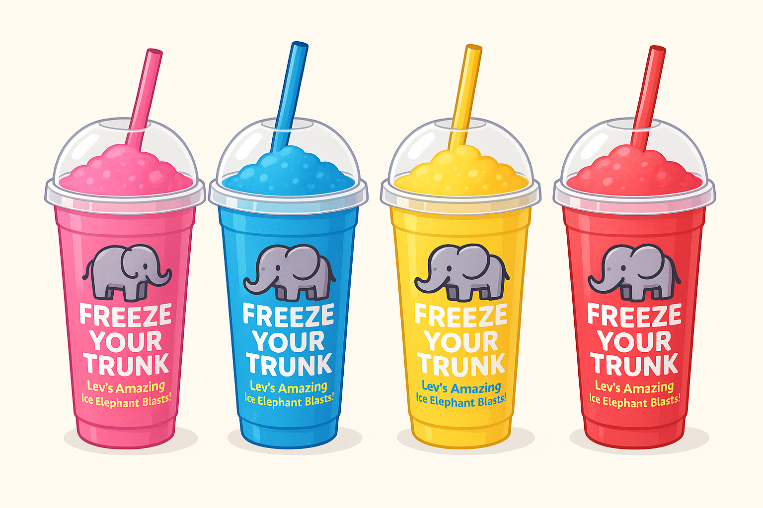 Lev's Ice Elephant Blasts in Pink, Blue, Yellow and Red cups with elephant logos